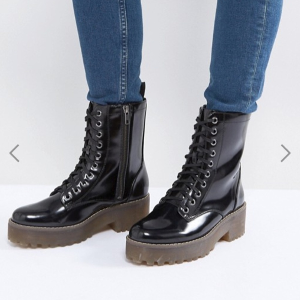 Monki Patent Lace Up Biker Boot